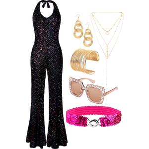 SOMSOC 70s Disco Jumpsuit Costumes Women Fashion Disco Accessories for Halloween Necklace Earrings Bracelet Glasses Belt (Small)