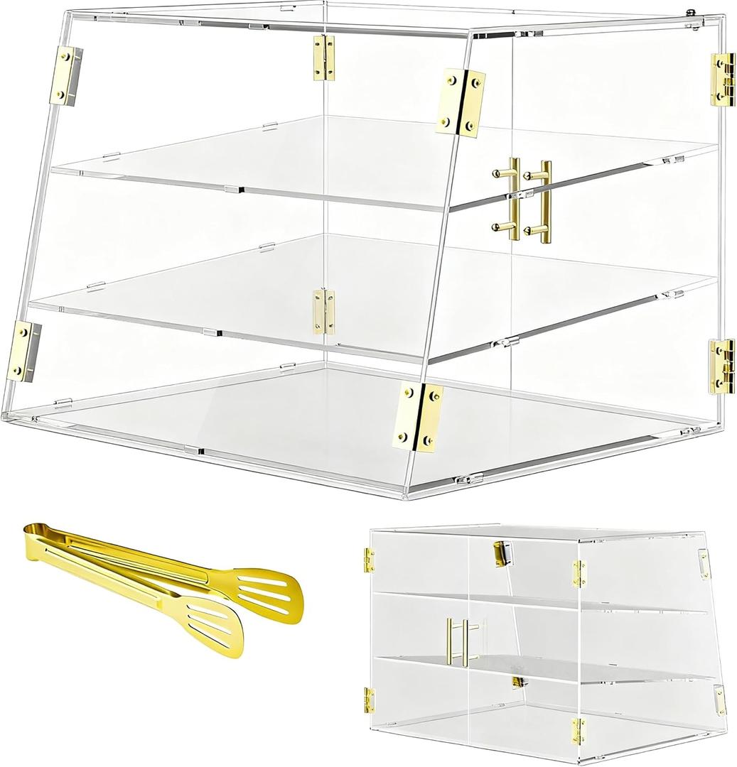 3-Tier Slanted Acrylic Bakery Display Case, 21"17"17" Commercial Countertop Pastry Showcase with Automatic-Closing Rear Doors for Donuts, Bagels, Macarons, Cupcakes