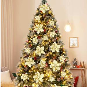 Geefuun 28PCS Christmas Tree Decorations: Poinsettias Artificial Flowers Ornaments Xmas Gold Glitter Flower with Clips
