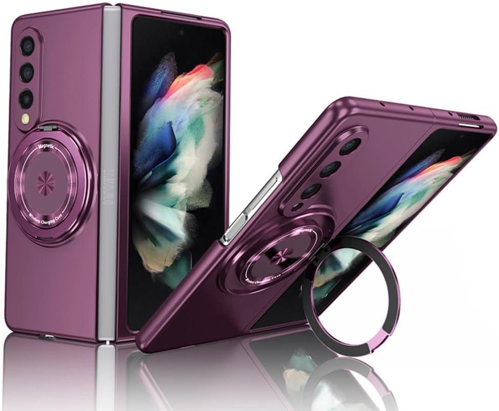 Phone Case for Samsung Galaxy Z Fold 3 5G Cover, Magnetic Stand Ring Holder Shockproof Slim Cell Cover Protective Compatible with Samsung Galaxy Z Fold3 (Purple)