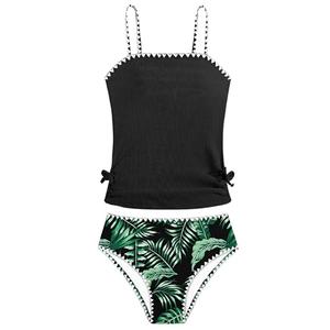 Queenstyle Girls Swimsuit Size 10 12 Tankini Set Kids Bathing Suits Two Piece Girls' Swimwear Size 13-13Y Drawstring Adjustable Straps Black-a
