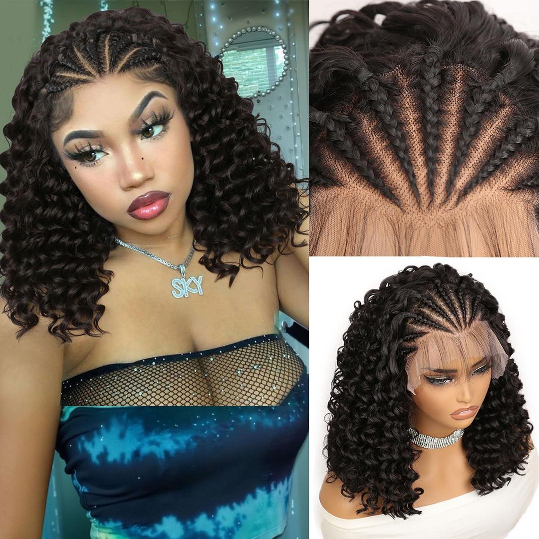 Fancy Hair Braided Wig for Black Women Cornrow with Curly Hair Wig HD Lace Front Wig with Baby Hair Pre Plucked Glueless Transparent 13x4 Inch Lace Frontal Wig (2#) (16)