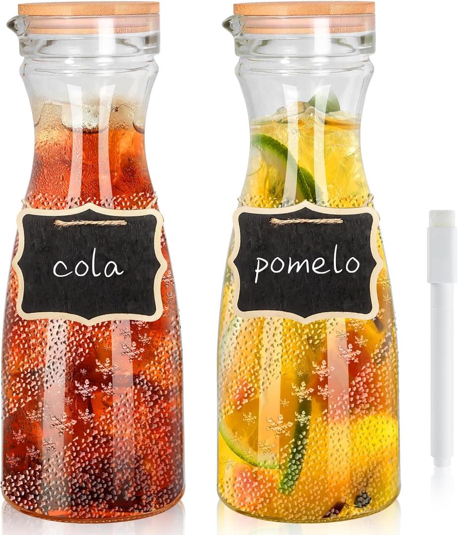 Glass Carafe with Lids, 40 oz, Set of 2-1 Liter Mimosa Bar Water Pitcher, Beverage Dispensers, Wide Mouth, Perfect for Juice, Cold Drink, Milk, Iced Tea, Lemonade - 2 Wooden Chalkboard Tags (Clear)