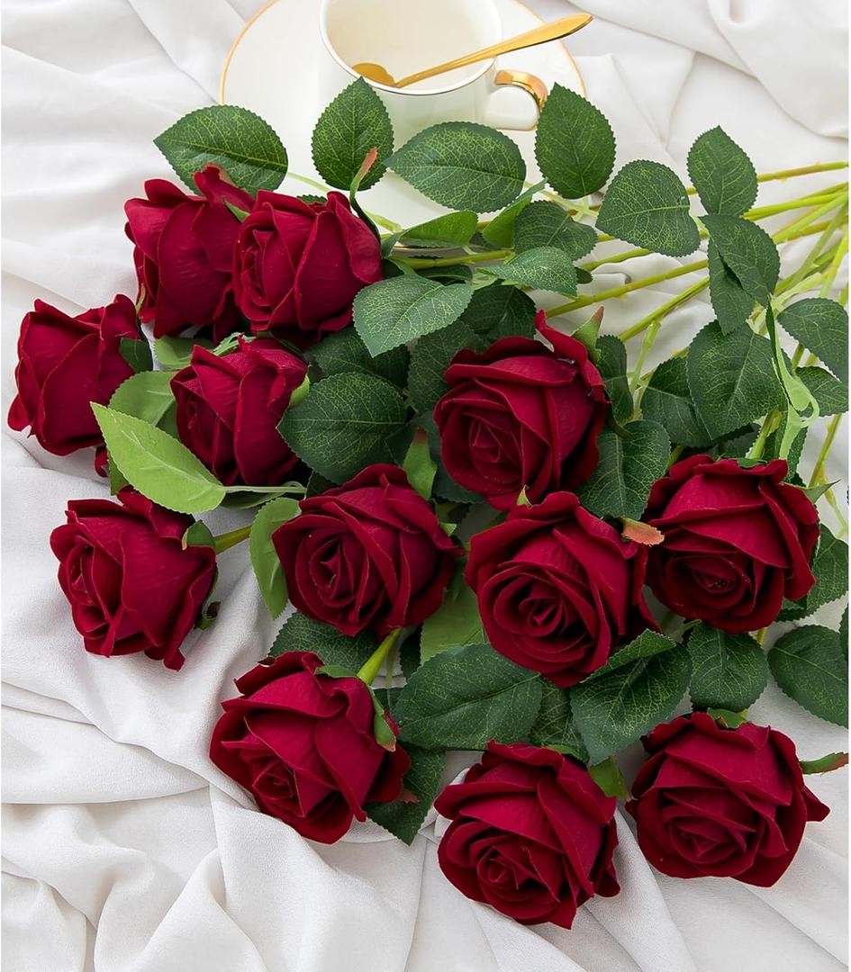 Hawesome 12PCS Artificial Flowers Fake Roses, Realistic Velvet Long Stem Red Roses Bouquet for Wedding Centerpiece Home Decor Party & Valentines (Wine)