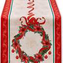 YiHomer Poinsettia Ribbon Engineered Printed Fabric Christmas Tabletop for Xmas Winter Holiday, Christmas Time, Table Runner, 14 x 108