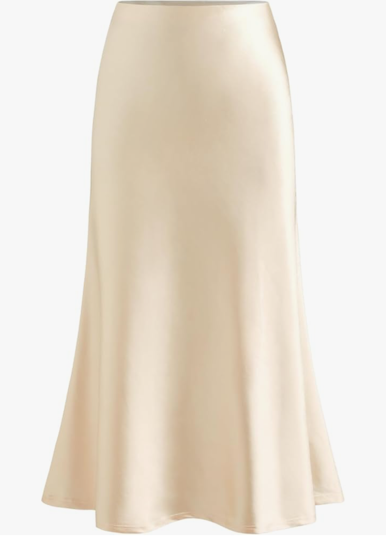 Womens Satin Elegant Skirts Mid Waist Midi Date Night Party Skirt Size S Beige