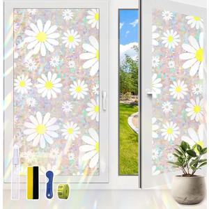 Window Film, Privacy Window Film Stained Glass Rainbow Films Decorative Static Clings Sun Blocking Window Stickers Decals Coverings Tint for Home Heat Control, Daisy Floral Pattern Set of 2