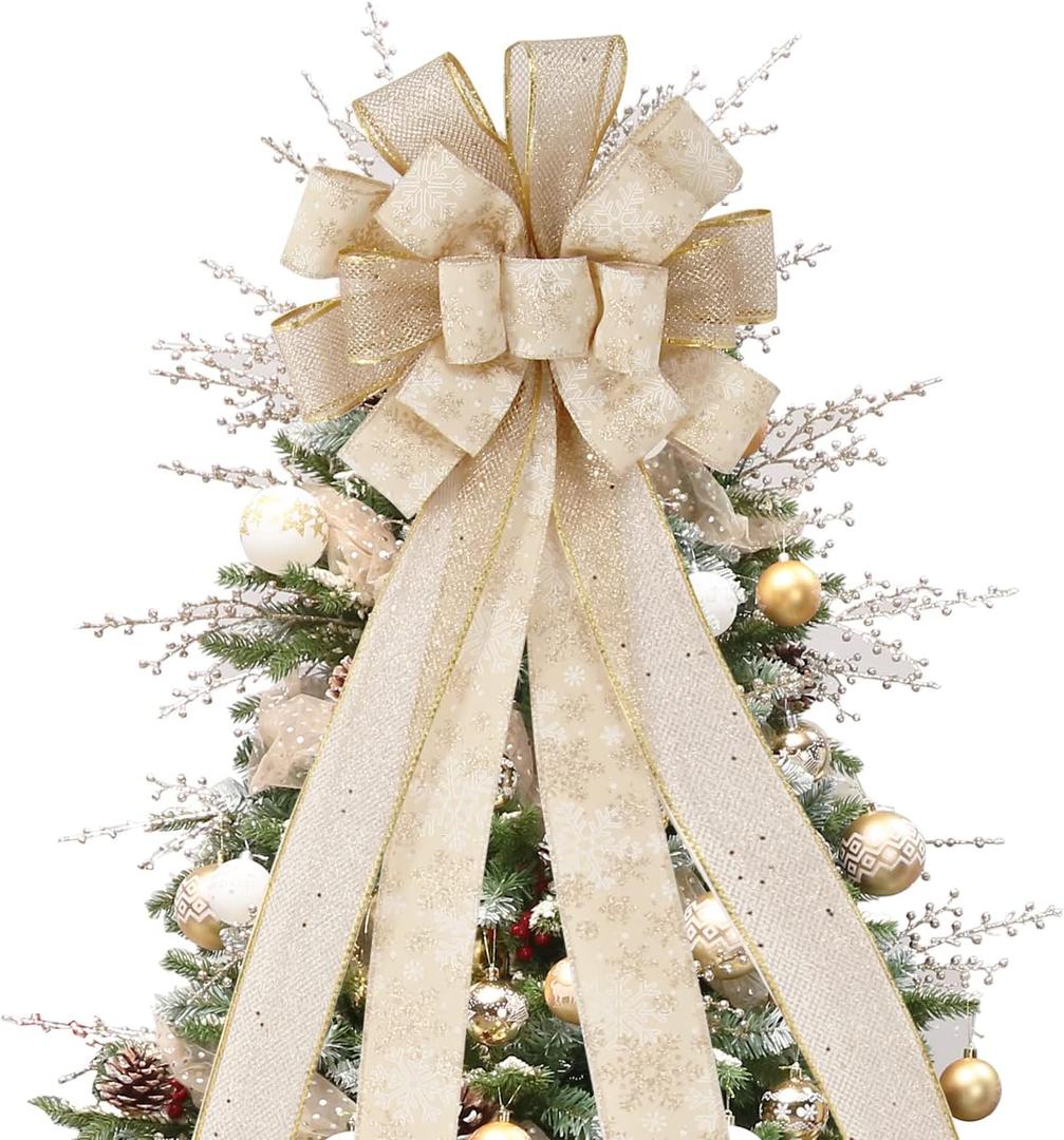 Christmas Tree Topper Bow, 44X12 Inch Artificial Xmas Tree Flower Topper Decor, for Family, Wedding, Birthday Party, Indoor Outdoor Thanksgiving Christmas Decoration - Gold/Snowflake.