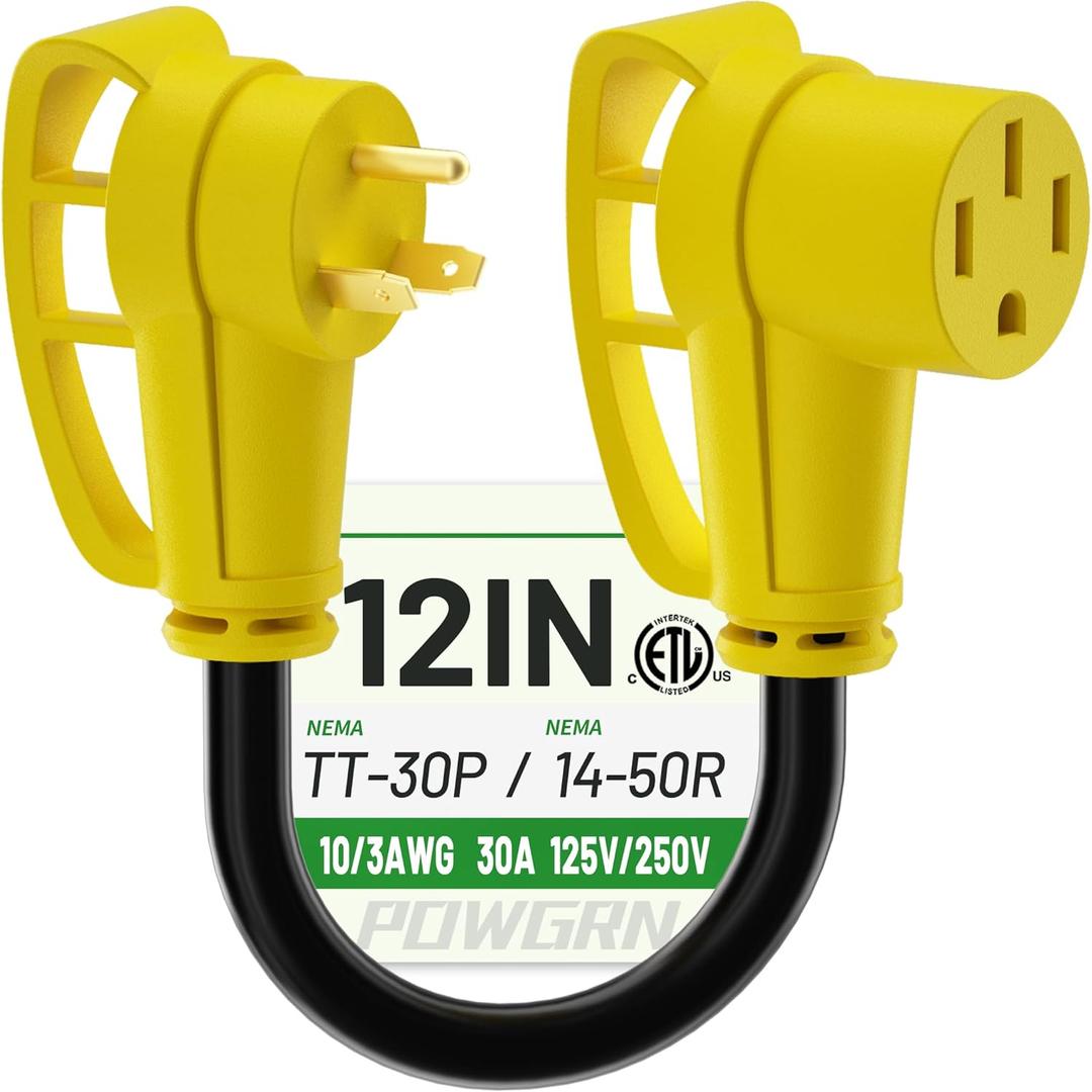 POWGRN 30 Amp to 50 Amp RV Adapter 12 inch, Heavy Duty 10/3 Gauge RV Electrical Adapter, NEMA TT-30P Male to NEMA 14-50R Female, STW 10AWG 30A 125V 3750W, Black-Yellow, ETL Listed