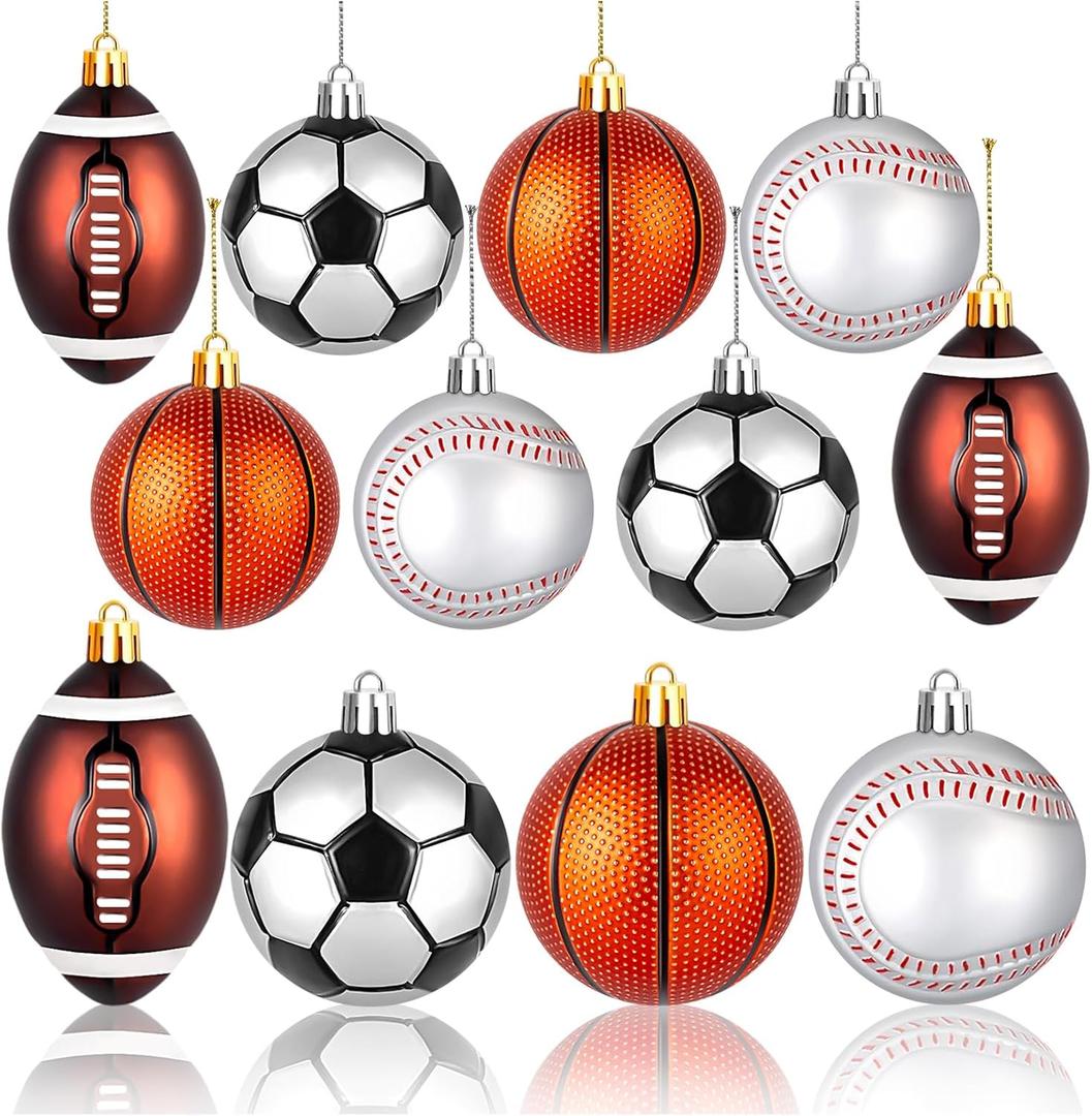12Pcs Christmas Sport Ball Ornaments, Sports Ornaments Basketball Baseball Football Tennis for Christmas Tree Decoration, Balls for Home Xmas Tree Party Decor (4 Style)