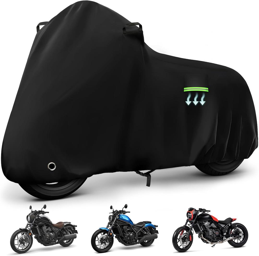 Motorcycle Cover Waterproof for Honda Rebel 300 500 1100, Heavy Duty Outdoor Sun Rain Snow UV Dust All Weather Protection Motorbike Cover with Soft Cotton Lining & Lock Hole