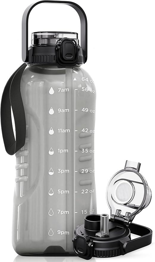 AQUAFIT 64 oz Water Bottle with Time Marker  2in1 Straw & Chug Lid  BPA Free Big Water Bottle with Straw  Gym Water Bottle with Strap  Water Jug (64 Ounces, Gray)