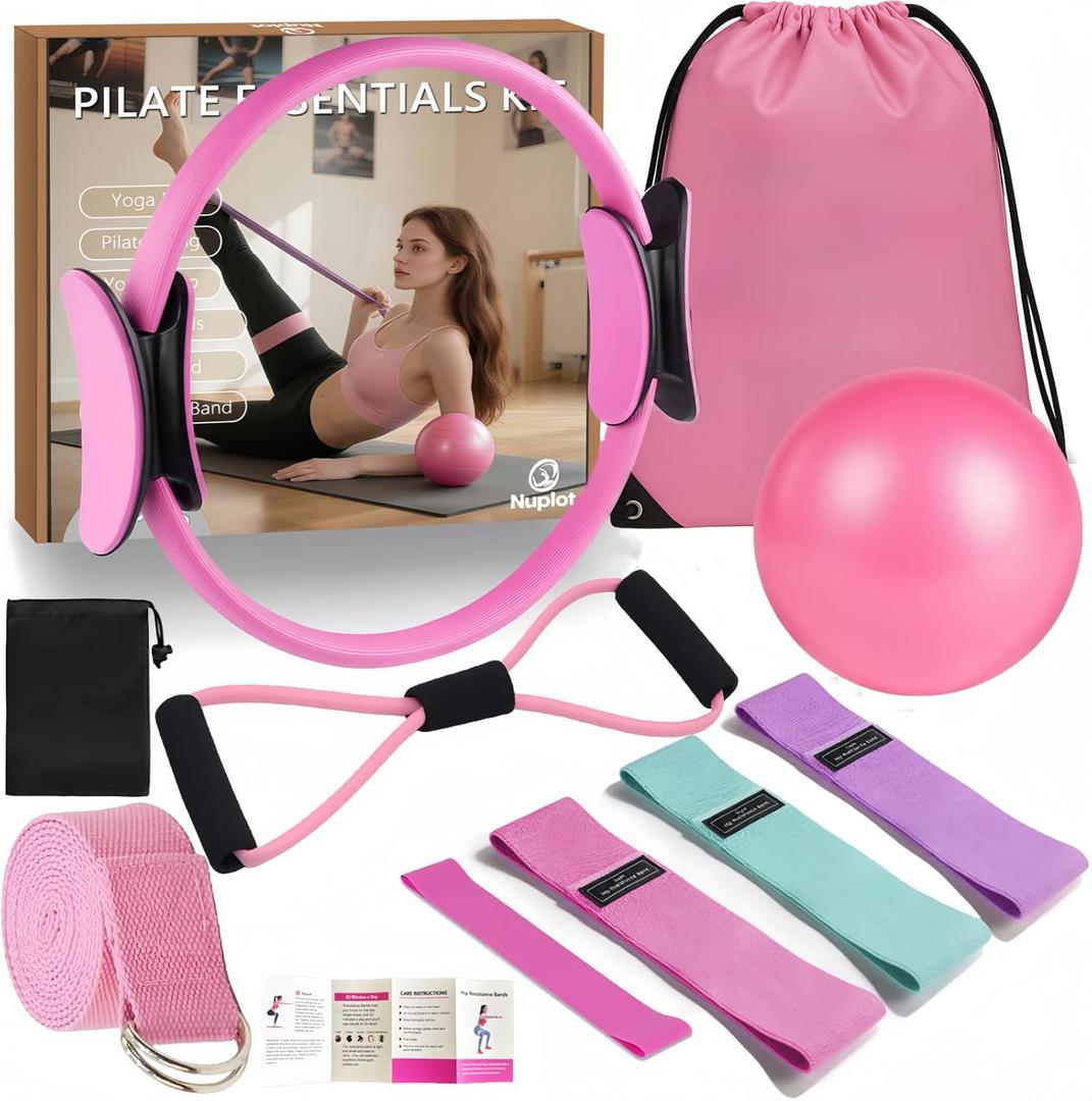 Pilates Equipment 15" Pilates Ring Plus, Pilates Kit for Home Workouts, Pilates Essentials Kit for Women with Pilates Ring and Ball Set, Booty Bands, Figure 8 Resistance Band, Yoga Band (Pink)