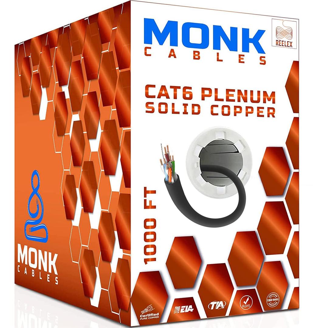 MONK CABLES | CAT6 Plenum Cable 1000ft | 100% Pure Copper | UTP, 23AWG, 550MHz | DSX-8000 Certified | Most Certified Cable of The Whole Market (Black)