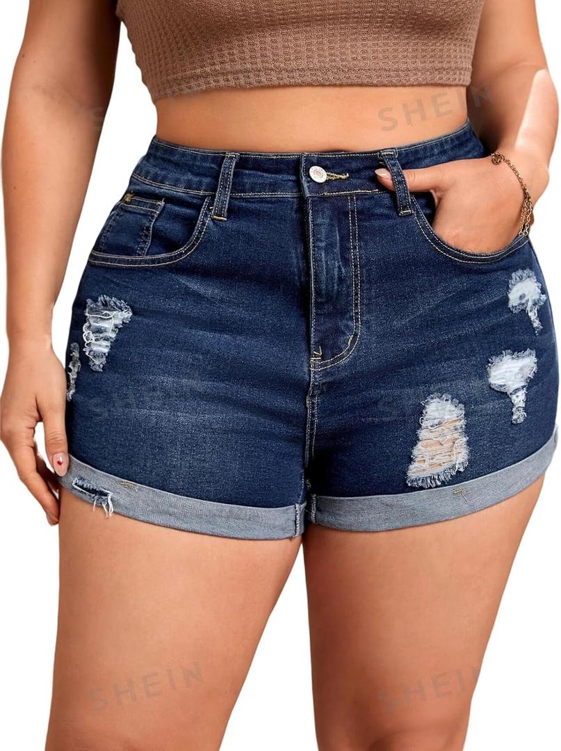 MapleHub Plus Size Women's Ripped Denim Jean Shorts High Waisted Stretchy Folded Hem Short Jeans (Dark Blue 2)