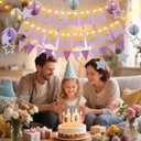 Birthday Decorations,Purple Happy Birthday Banner with Fairy lights,Pennant Banner,Honeycomb Balls and Star Hanging Swirls Streamer Happy Birthday Party Decorations for Women Men Boys Girls