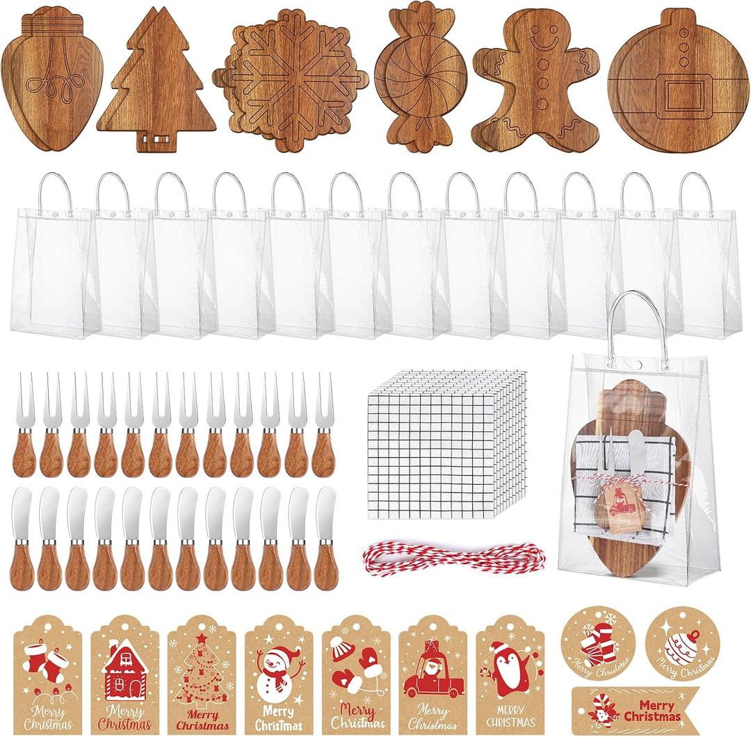 18 Set Christmas Gifts Bridal Shower Favor Christmas Candy Snowflake Acacia Wooden Cutting Board Gift Set Cheese Knives Mini Cheese Board Christmas Tags for Winter Home Party Gift Decor