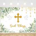 MEHOFOND God Bless Backdrop Greenery First Holy Communion Baptism Christening Party Decorations Green Eucalyptus Baby Shower Party Banner Photo Shoot Props