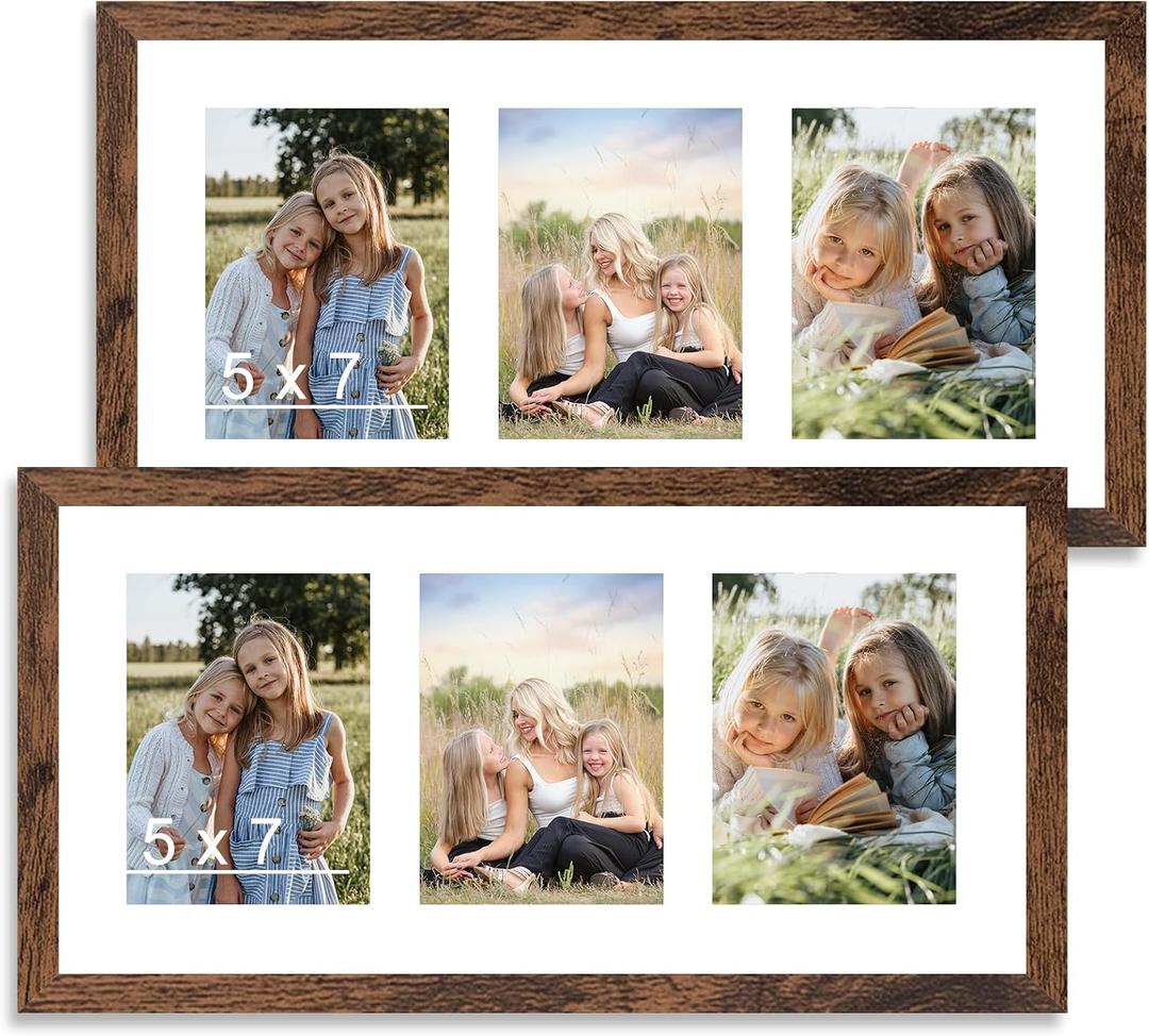 10x20 Picture Frame Set of 2, Display 3 Pcs 5x7 Picture Collage with Mat or 10 x 20 without Mat, Three 5x7 Picture Frame Collage for Wall Hanging, 5 by 7 Multi Frame, 2 Pack, Deep Brown