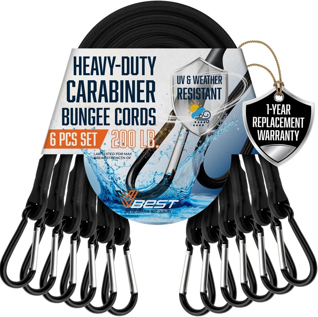 Bungee Cords with Hooks 24 Inch - 6 Pack Heavy Duty Outdoor Black Bungie Straps with Carabiner Hooks 200 LB Break Strength - UV & Weather Resistant Bungy Cords Set