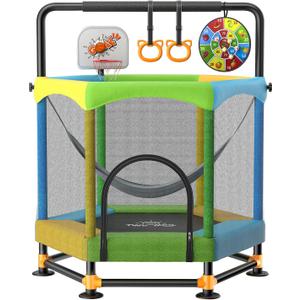 60" Trampoline for Kids, Twinkoo 5FT Fortified Toddler Trampolines with Anti-Rollover Bottom, Indoor/Outdoor Toddler Trampoline with Safety Enclosure, Adjustable Gymnastics Bars, Basketball Hoop (Green+Blue+Yellow)