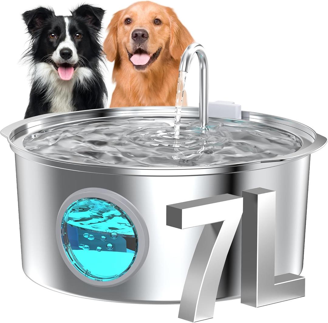 Dog Water Fountain for Large Dogs: 7L/236 Oz/1.8G Dog Fountain Stainless Steel - Big Cat Drinking Fountain Indoor - Super Quiet Water Fountain for Dogs Inside - for Large Dog Cats & Multi-Pet Home