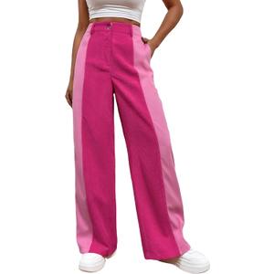 WDIRARA Women's High Waisted Color Block Straight Leg Casual Loose Pants with Pocket Two Tone Pink XS