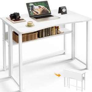 Huuger Folding Desk with Storage Shelf, 31.5 Inch Foldable Computer Table for Small Spaces, Space Saving Sofa Table for Couch, Writing Work Office Computer Desk, Easy to Fold, White