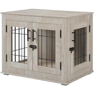 beeNbkks Furniture Style Dog Crate End Table, Double Doors Wooden Wire Dog Kennel with Pet Bed, Decorative Pet Crate Dog House Indoor, Small, Weathered Gray