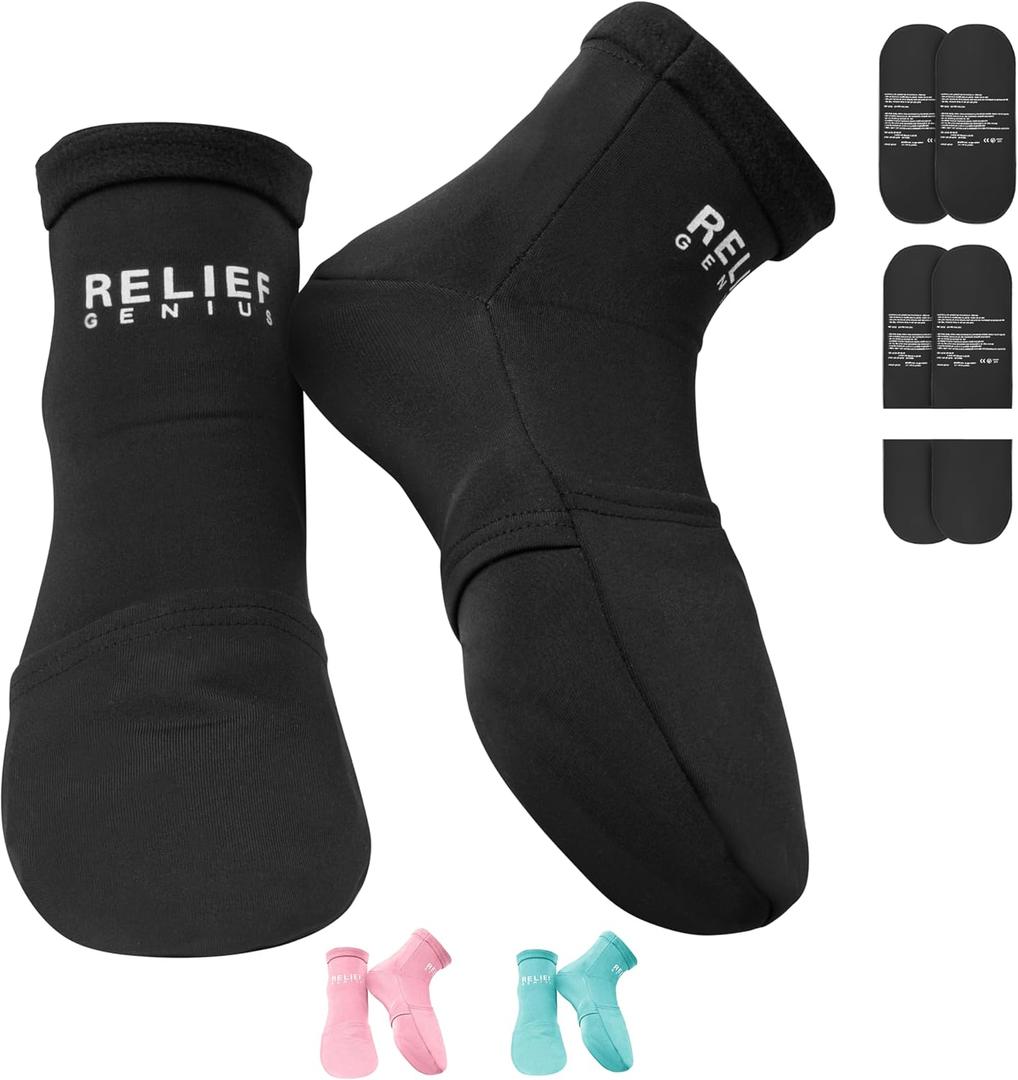 Relief Genius Cold Therapy Socks with Reusable Gel ice Packs - Achieve Relief from Sprains, Muscle Pain, Bruises, Swelling, Edema, Chemotherapy, Arthritis, Post Partum Foot (Black, Small/Medium)