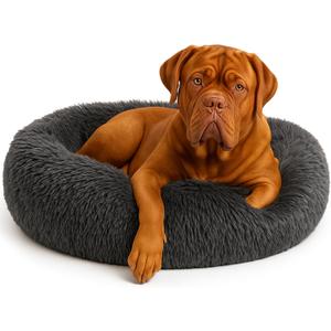 Calming Dog Bed - Fluffy Donut Cuddler for Anxiety Relief, Orthopedic Pet Bed with Non-Slip Bottom, Cozy Round Faux Fur Nest for Dogs and Cats, Plush Crate Mat for Comfort (Dark Grey, X-Large)