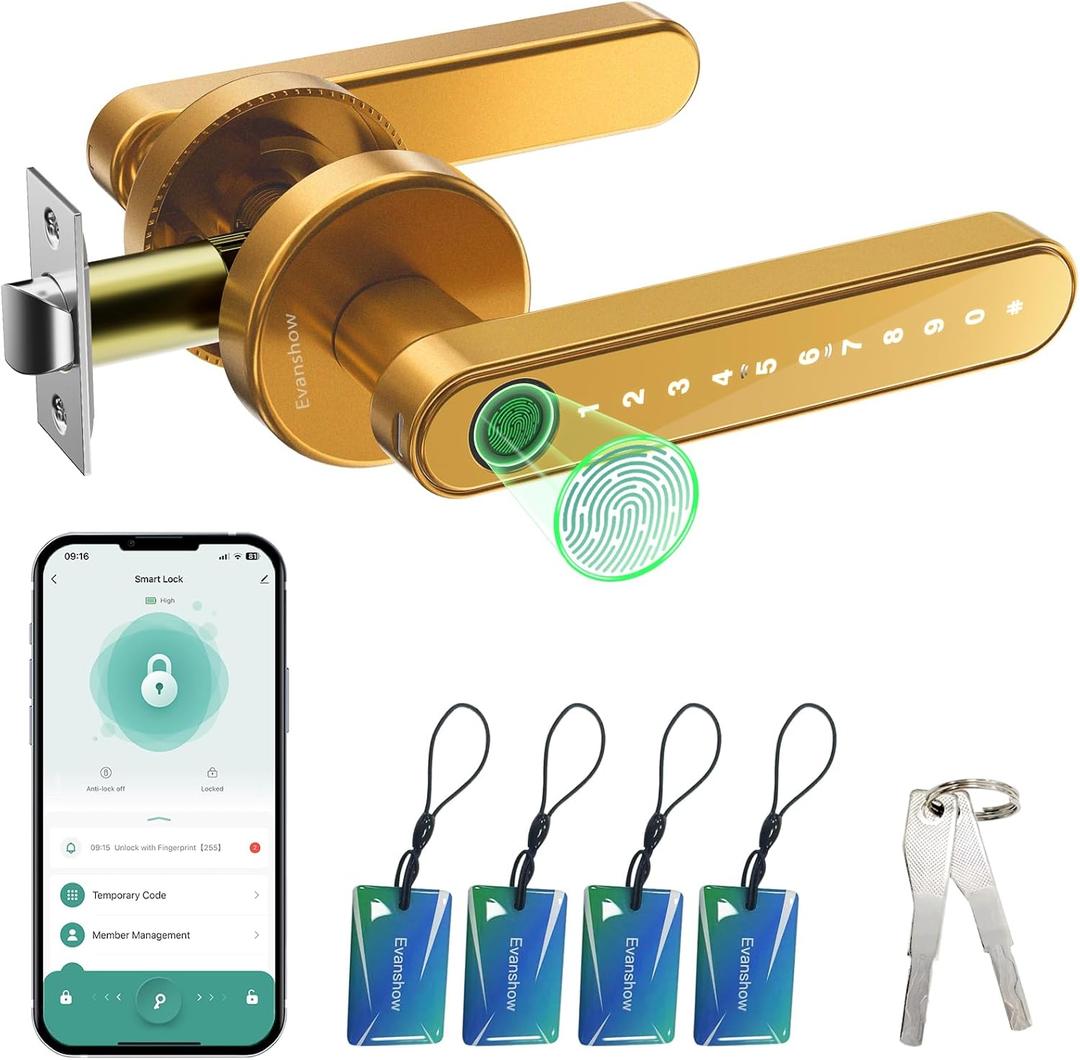 Smart Door Lock with Knob, Keyless Entry Door Locks with Handle, Fingerprint Door Knob for Bedroom/Front Door/Apartment,Generate Passcode Gold
