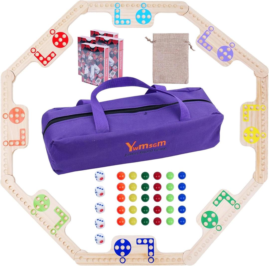 Solid Wood Marbles and Jokers Board Game,Pegs and Jokers Card Game for 2-8 Players,Featuring Interlocking Game Boards,It Comes with 80 Marbles and 4 Decks of Playing Cards for Parties and Game Nights