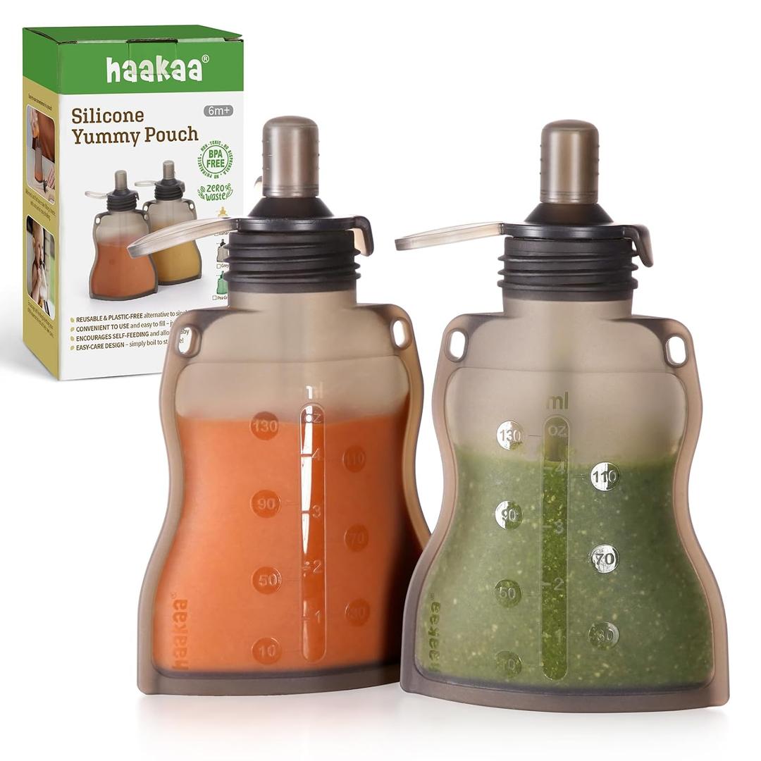 Haakaa Yummy Pouch Reusable Baby Food Pouch, Baby Food Storage Kids Squeezable Pouch, Washable Freezer - Make Homemade Organic Food for Babies/Toddlers, 4oz, 2 Pack, 6m+ (Grey)