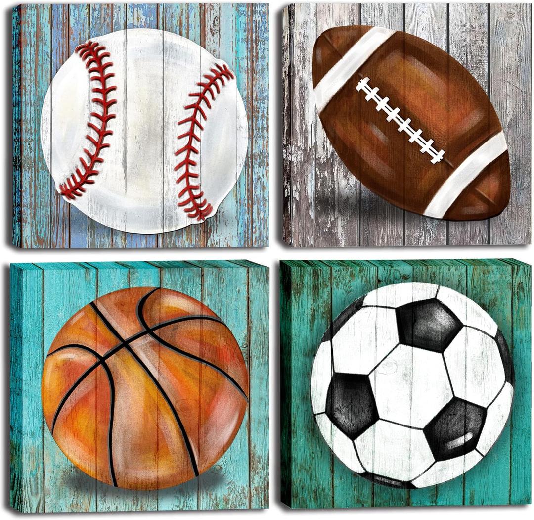 Mulpnee Boys Room Sports Decor Wall Art Posters, Baseball Football Basketball Soccer Canvas Pictures Teen Room Wall Dcor, for Kids Bedroom Nursery Bedroom Living Room Playroom 12"x12"x4Pcs