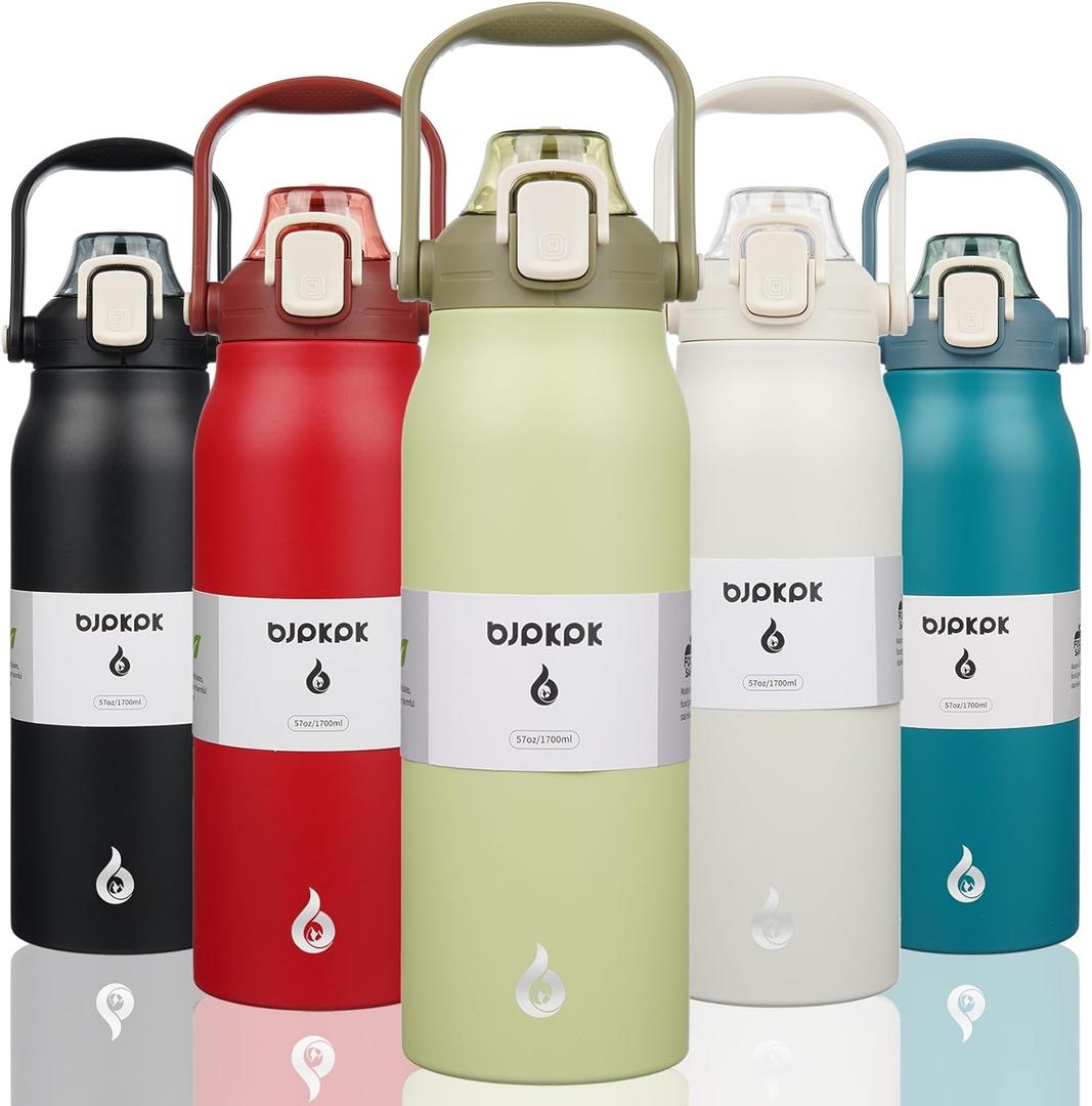 BJPKPK Insulated Water Bottles with Straw, 57 oz Sports Water Bottle with One-handed Opening Lid, BPA Free Leakproof Easy Carry Thermo, Jugs, Flasks for Gym Sports Outdoors,Light Green