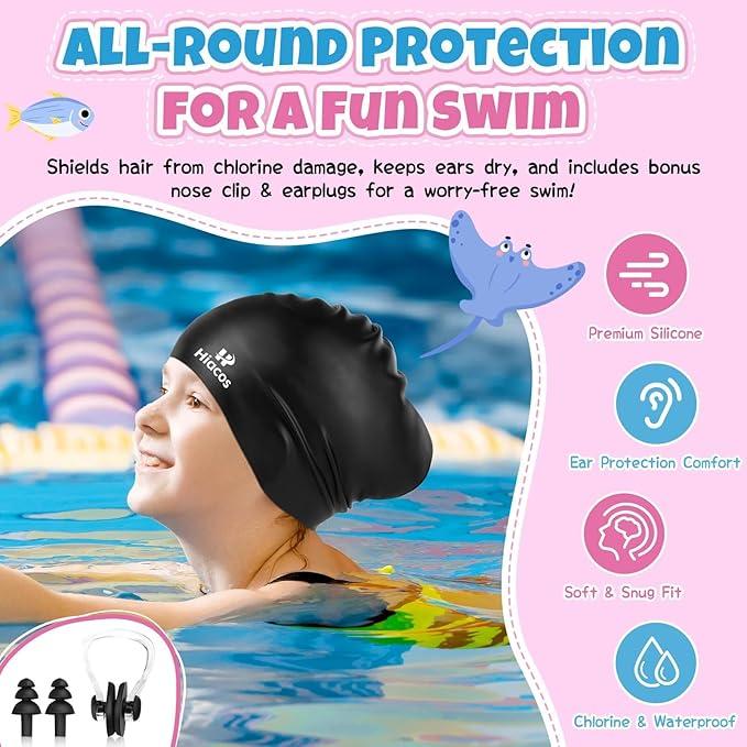 2 Pack Kids Swim Cap for Girls Boys, 2 Size Silicone Swimming Cap for Age 3-15 Toddlers Children Teens, Waterproof Swim Hats Bathing Caps for Long Hair Short Hair to Keep Hair Dry-08