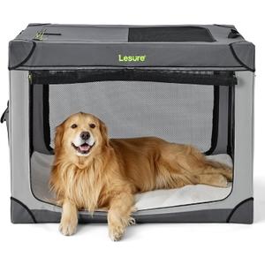 Lesure Soft Collapsible Dog Crate - 42 Inch Portable Travel Crate for Extra Large Dogs Indoor & Outdoor, 4-Door Foldable Pet Kennel with Durable Mesh Windows, Grey
