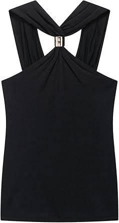 Verdusa Women's Summer Going Out Tops Festival Outfits Metal Criss Cross Sleeveless Halter Top Black Large
