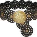 Ssumday Western Leather Belts for Woman Concho Cowgirl Cowboy Disc Belt for Ladies Wide Boho Country Waist Belts for Dress (S Fit Waist Size Below 39", Black(bronze Buckle))