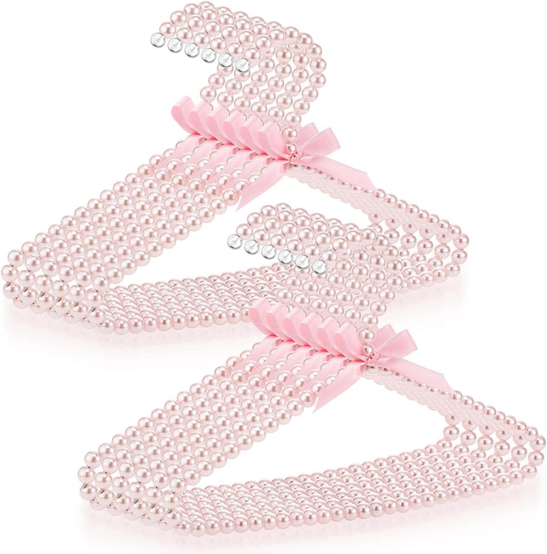 Threan Pink 12 Pcs Pearl Beaded Clothes Hanger Mini Pearl Beads Small Metal Clothes Hangers with Ribbon Standard for Kids Baby Children Pet Dog