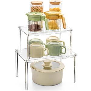 Acrylic Cabinet Organizer, Set of 2 Shelf Organizer, Spice Rack Organizer for Cabinet, Desk Countertop Organizer, Stackable Shelves for Pantry Kitchen Storage and Organization