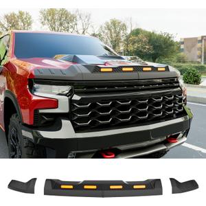 3Pcs Hood Protector with LED Light Compatible with 2019-2024 Chevy Silverado 1500 ZR2 Hood Deflector Matte Black Lightshield Replacement for 2019-2024 Chevy Silverado Accessories
