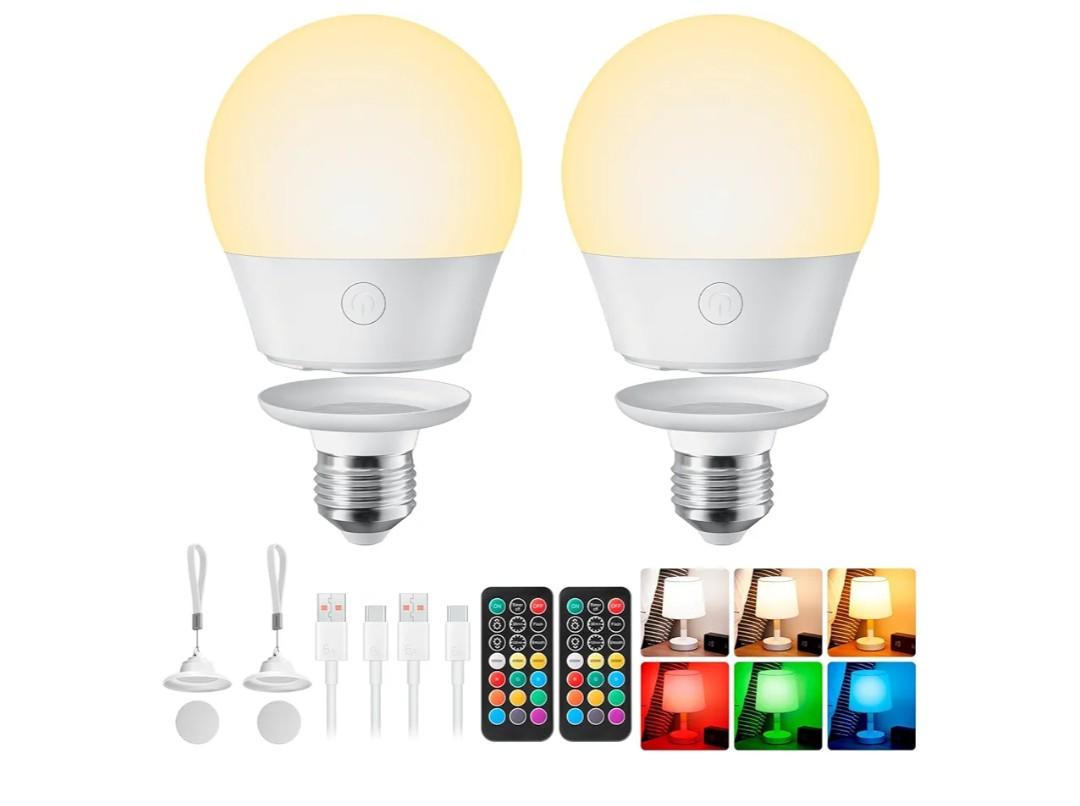 Brightown E26 Rechargeable Light Bulb with Remote and Timer, Battery Backup Bulb for Sconces and Lamps, Magnetic Bulbs for Non-Hardwired Fixture, 3 Color Temperatures + 9 RGB Colors, Dimmable, 2 Pack