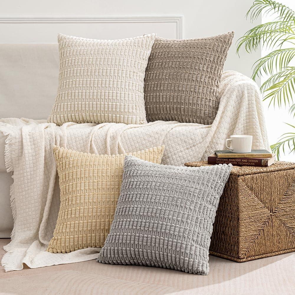 MIULEE Pack of 4 Neutral Decorative Throw Pillow Covers 18x18 Inch for Couch Sofa Living Room Bed Rustic Farmhouse Boho Corduroy Soft Striped Pillow Covers Home Decor