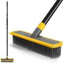 Heavy Duty Broom Wire Floor Scrub Brush with Long Handle, 2 in 1 Scrape and Stainless Steel Bristle Brooms Scrubber for Deck Concrete Patio Outdoor Moss Removal