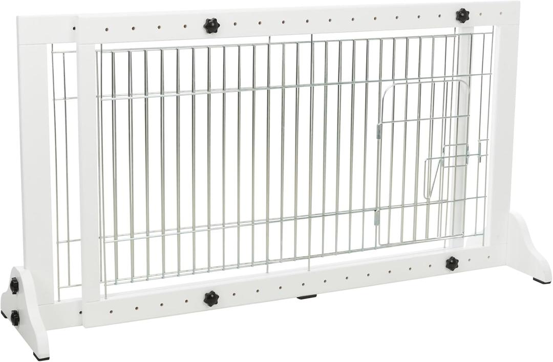 TRIXIE Freestanding Pet Gate with Pet Door, Wood and Wire, Adjustable Width, 22.5 in Height, White (Max Width 71")