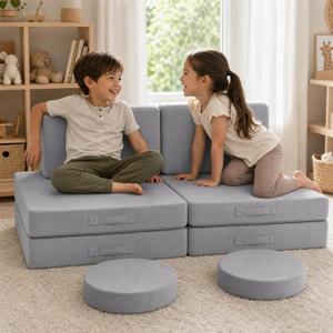 MeMoreCool Kids Couch, Light Grey Modular Foam Play Couch, Ages 3+, 8-Piece