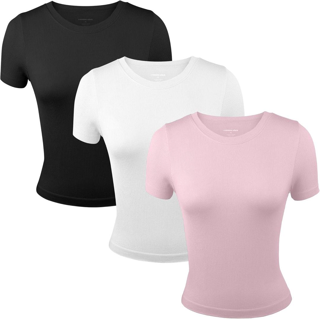 Common Stitch 3 Pack Stretch Workout Tee Shirts for Women, Ribbed Crewneck Womens Short Sleeve Yoga Tees (X-Large, Black / White / Light Pink)