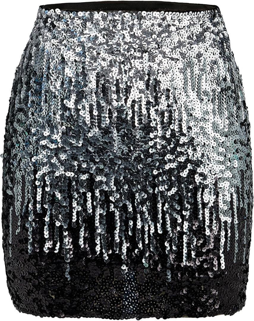 Century Star Sequin Skirt Sparkly Mini Skirts for Women High Waist Bodycon Glitter Club Night Out Party (X-Large, Silver Gray Black)
